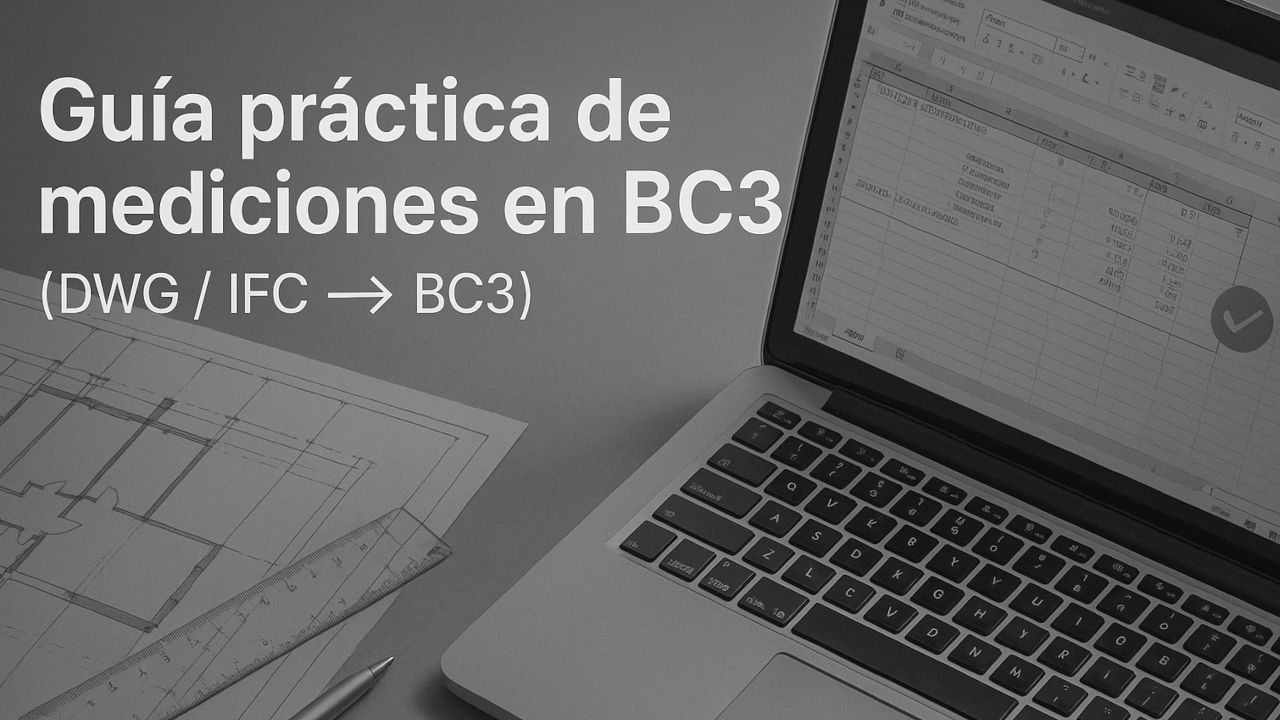 Mediciones en BC3 desde DWG/IFC: plano con regla, portátil con hoja de cálculo y control de tolerancias