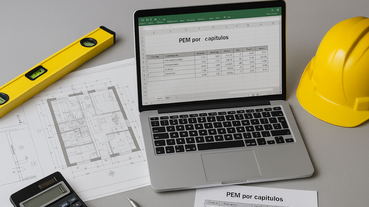 Presupuesto de obra con PEM por capítulos: plano, hoja de cálculo, calculadora y herramientas de obra